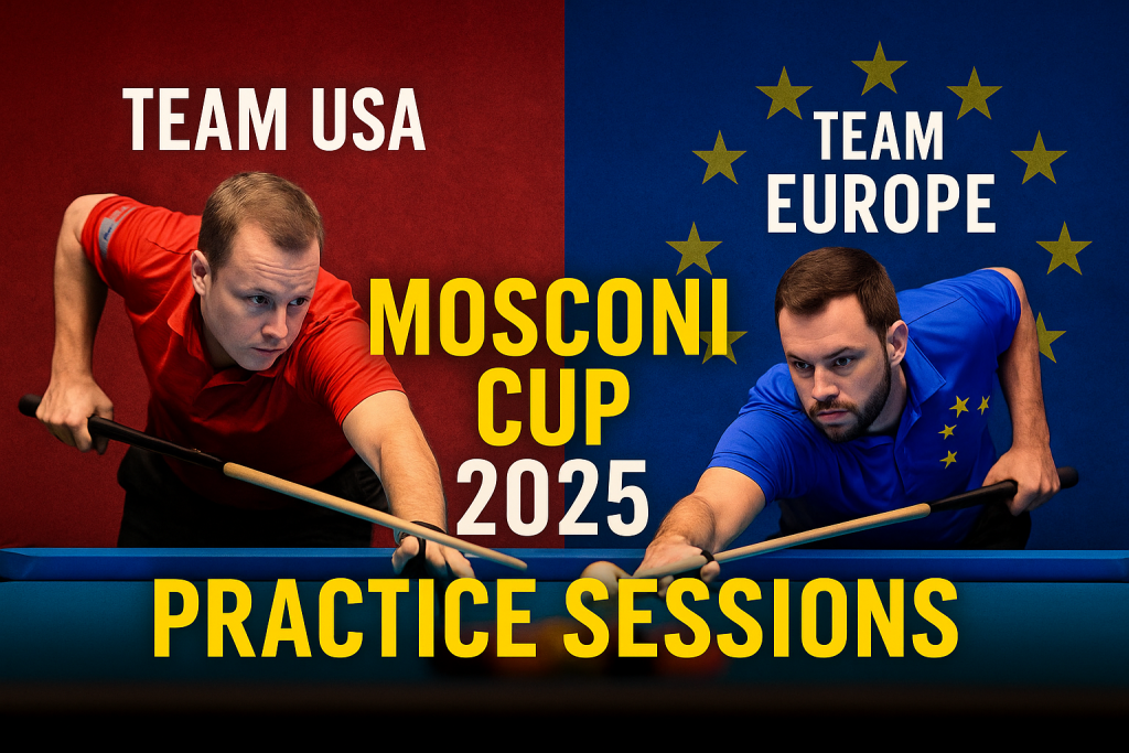 A digital promotional image for the Mosconi Cup 2025 showing Team USA and Team Europe pool players facing each other across a pool table under bright arena lights, with a dramatic championship atmosphere.