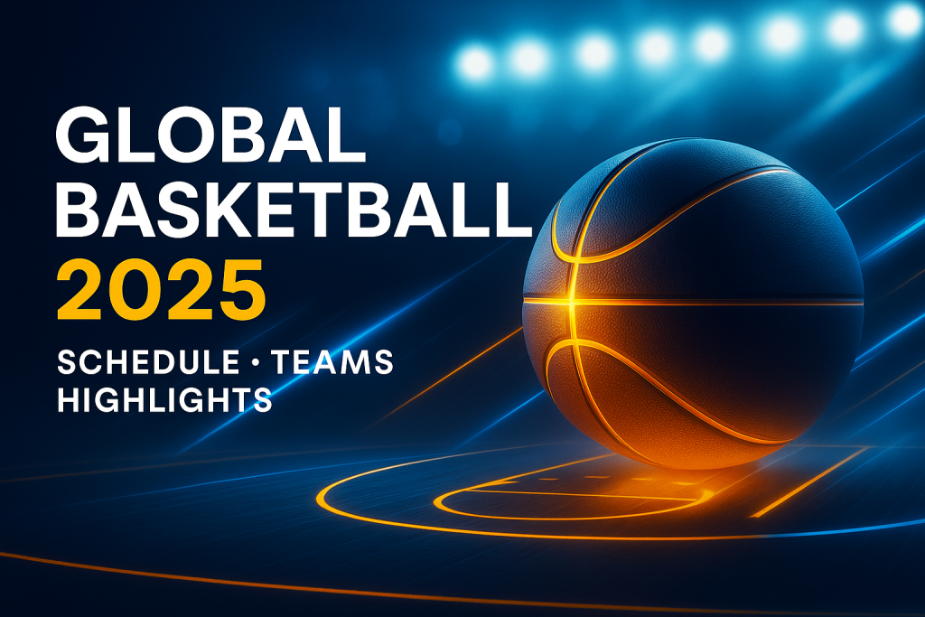 Abstract basketball energy 2025 banner showing glowing court, orange ball, blue and gold light streaks, and bold text ‘Basketball Energy 2025 – Schedule, Teams & Predictions’ in a modern sports design.