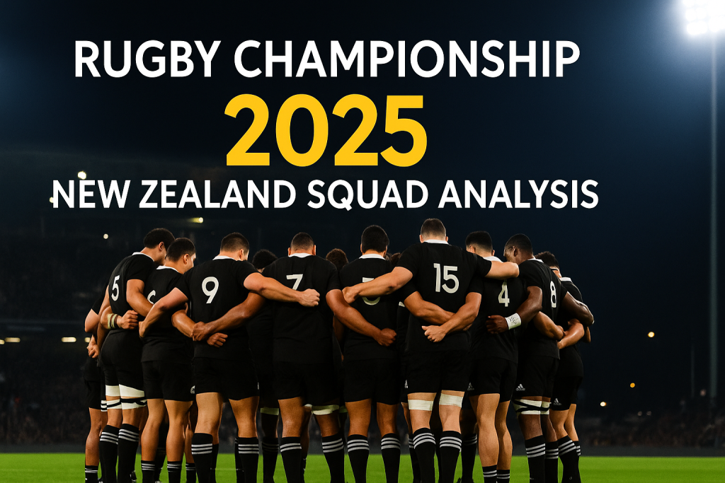 Rugby Championship 2025: New Zealand Squad Analysis 1 New Zealand All Blacks team huddle before a Rugby Championship 2025 match – black jerseys under stadium lights, symbolizing power and team unity.