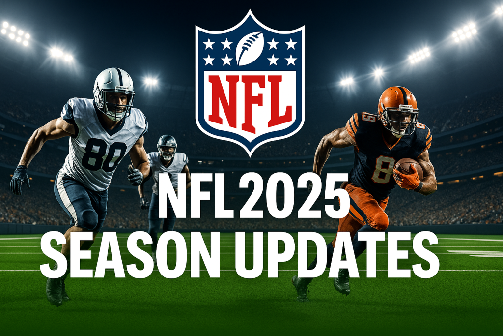 NFL 2025 Season: Teams, Schedule & Championship Predictions 1 NFL 2025 season promotional image showing football players in action inside a modern stadium under bright lights, with the text โNFL 2025 Season: Teams, Schedule & Predictionsโ in bold blue and red design.