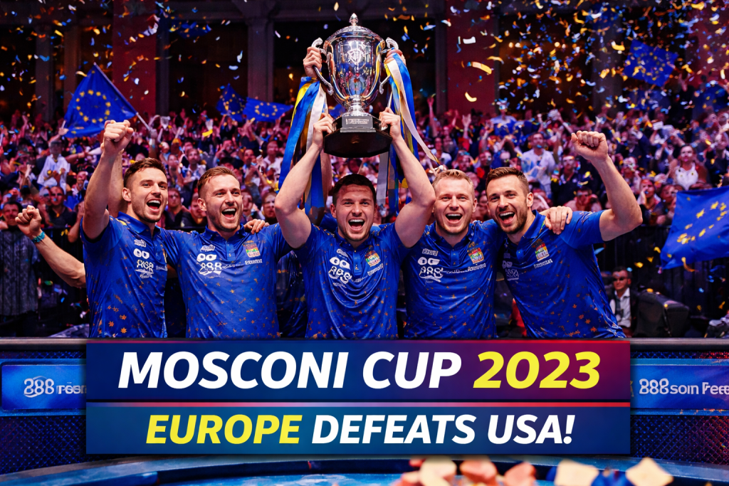 Mosconi Cup 2023 champions Team Europe holding the trophy after beating USA.