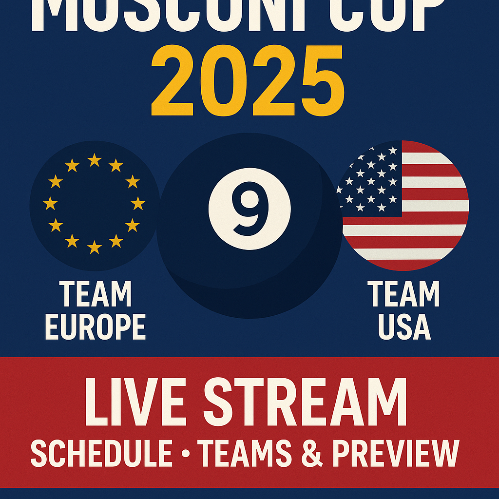Mosconi Cup 2025 promotional banner showing Team Europe vs Team USA with 9-ball pool design, event title, and live stream schedule preview.
