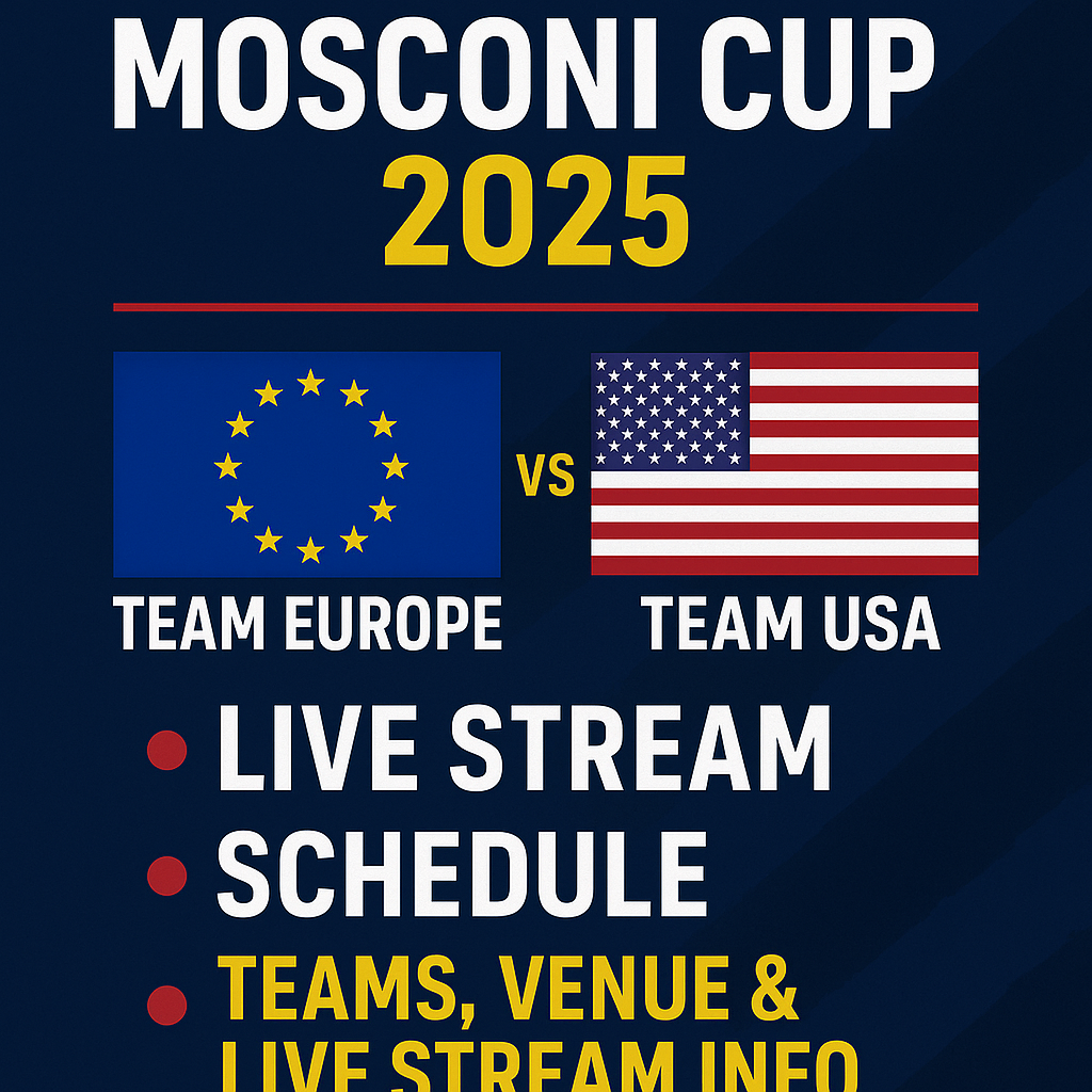 Mosconi Cup 2025 preview banner showing Team Europe vs Team USA with event details including live stream, schedule, and venue information.