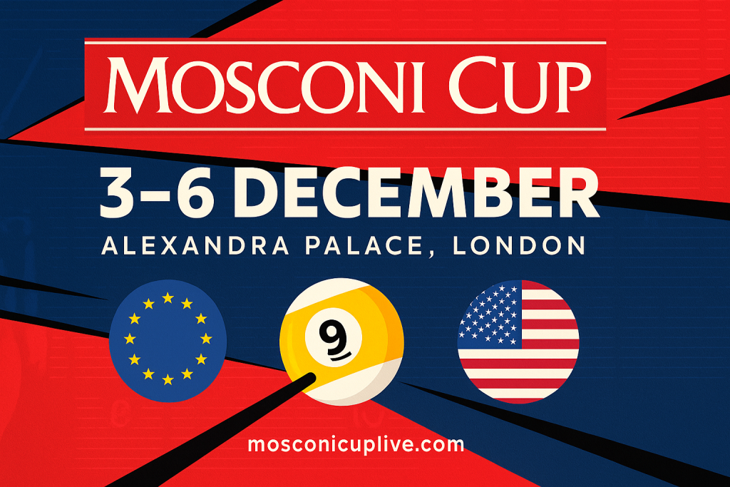 Mosconi Cup 2025: Schedule, Teams, Venue & Live Stream Details 1 Mosconi Cup 2025 official banner showing 3β6 December Alexandra Palace, London, featuring Team Europe vs Team USA with blue and red 9-ball pool design.