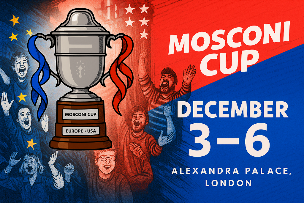 Mosconi Cup 2025 live streaming banner showing the tournament trophy, UK and USA fan colors, and event dates December 3–6 at Alexandra Palace, London.