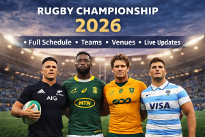 Rugby Championship 2026 promotional banner showing players from New Zealand, South Africa, Australia and Argentina standing on a stadium field with schedule and live updates text.