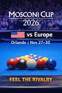 Mosconi Cup 2026 promotional image featuring a nine-ball pool table with racked balls, highlighting the USA vs Europe rivalry in Orlando from November 27 to 30.