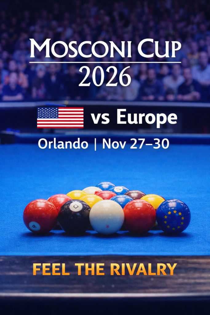 Mosconi Cup 2026 promotional image showing a nine-ball pool table with racked balls, USA vs Europe rivalry theme, and event details for Orlando from November 27 to 30.