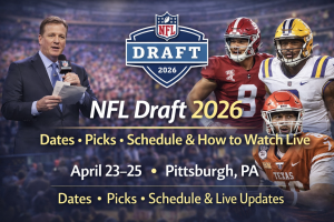 NFL Draft 2026 banner showing dates, picks, schedule and how to watch live.