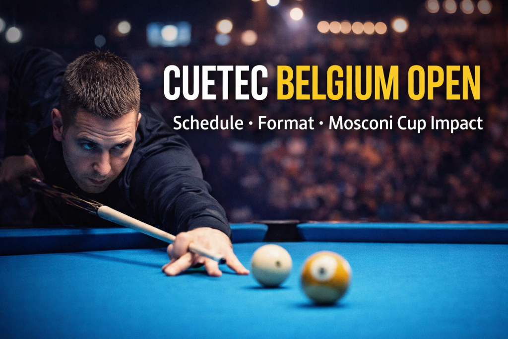 Cuetec Belgium Open – Complete Guide, Schedule, Format, Prize Money & Mosconi Cup Impact 1 Cuetec Belgium Open professional 9-ball pool tournament played under arena lighting in Ostend Belgium